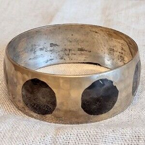 Silvertone Metal Polka Dot Hammered Bangle Bracelet
